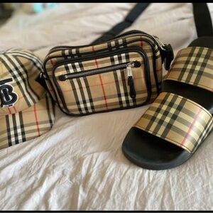Burberry Beige and Black Check Belt Bag slides and hat